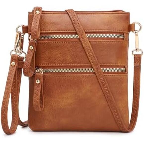 Amelie Galanti Handbags - Brown Faux Leather Crossbody – Gold Zipper Detail, Compact & Stylish